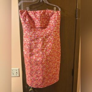 J. Crew Collection Coral & Pink Floral Metallic Strapless Mini Dress